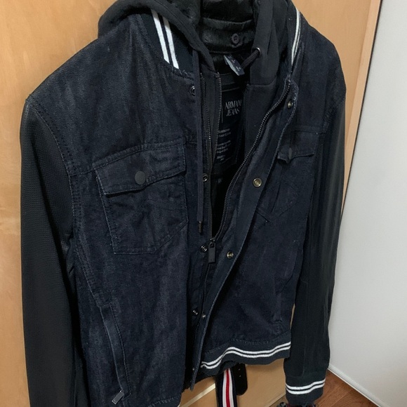 Vintage Armani Jeans Dark Blue and Black Bomber Jacket - Picture 2 of 10